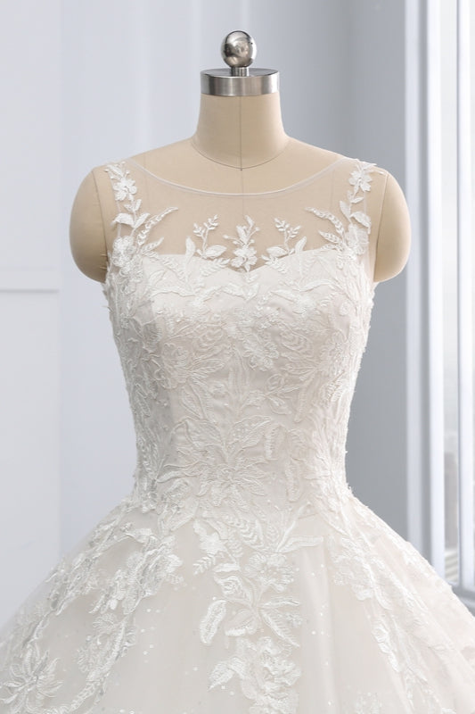 Affordable Ball Gown Jewel Tulle Lace Wedding Dress Ruffles Sleeveless Appliques Bridal Gowns Online-27dress