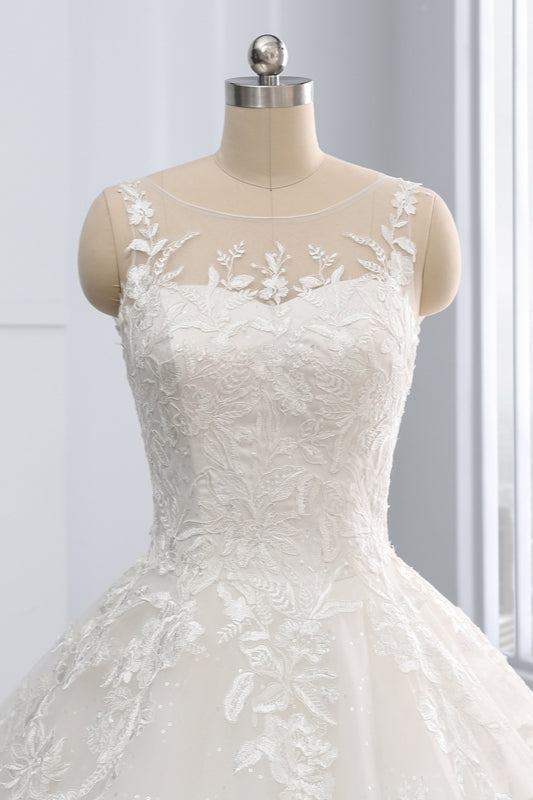 Load image into Gallery viewer, Affordable Ball Gown Jewel Tulle Lace Wedding Dress Ruffles Sleeveless Appliques Bridal Gowns Online-27dress

