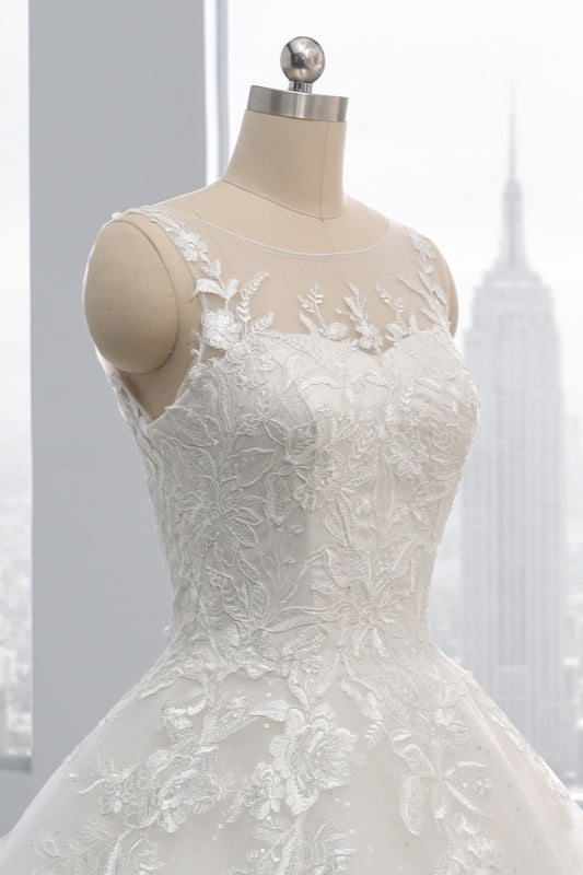 Affordable Ball Gown Jewel Tulle Lace Wedding Dress Ruffles Sleeveless Appliques Bridal Gowns Online-27dress