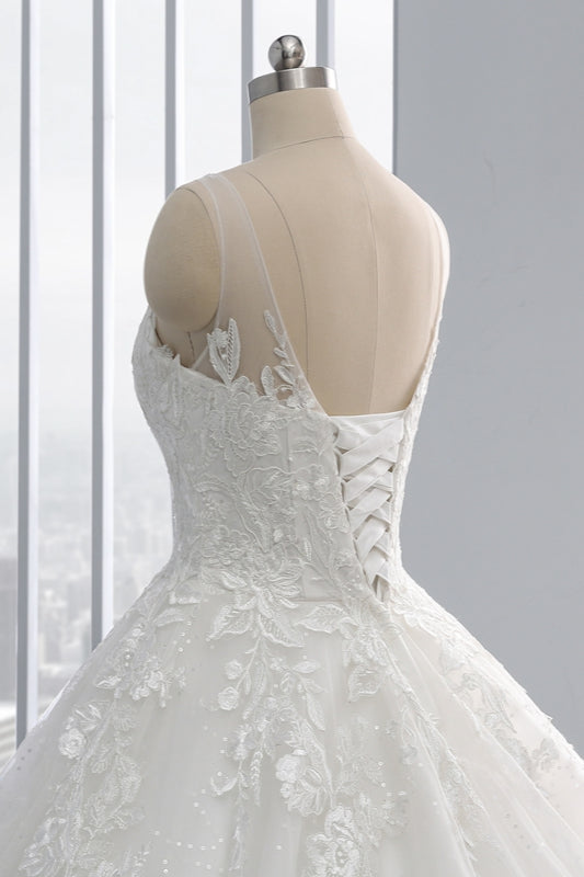 Affordable Ball Gown Jewel Tulle Lace Wedding Dress Ruffles Sleeveless Appliques Bridal Gowns Online-27dress