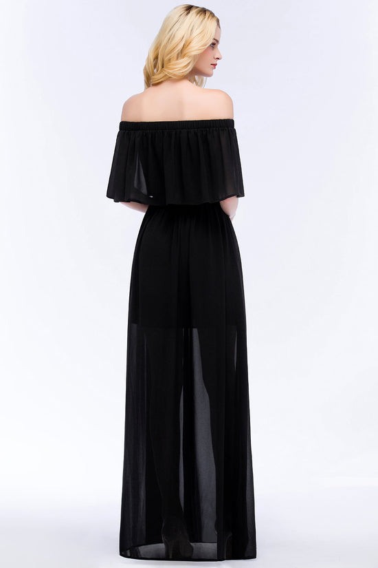 Affordable Black Off-the-shoulder Long Chiffon Bridesmaid Dress Online-27dress