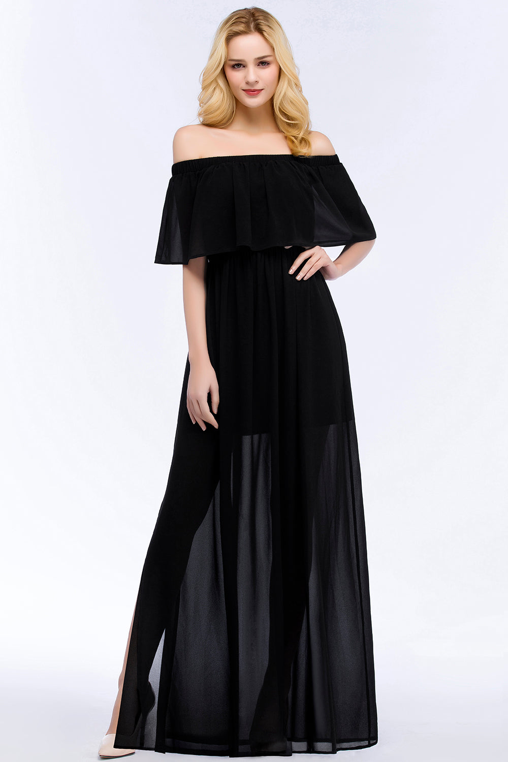 Affordable Black Off-the-shoulder Long Chiffon Bridesmaid Dress Online-27dress