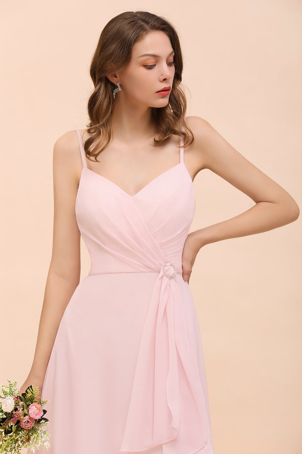 Affordable Blushing Pink Spaghetti Straps Ruffle Bridesmaid Dress-27dress