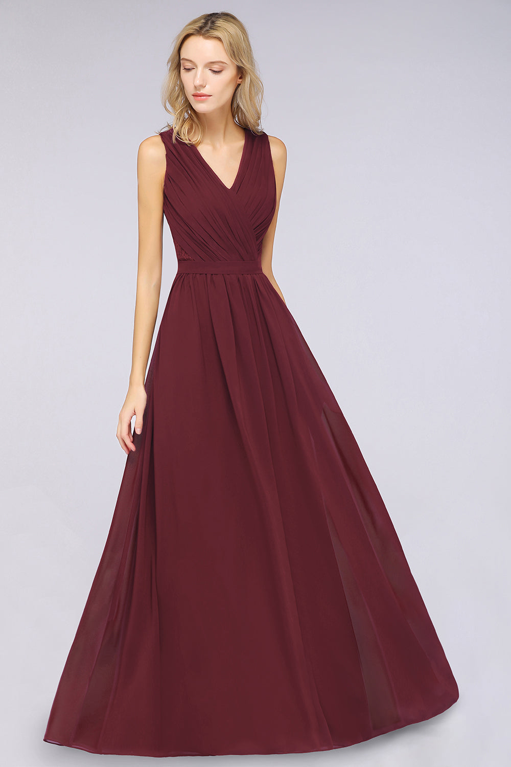 Affordable Burgundy V-Neck Ruffle Bridesmaid Dresses with Lace-Back-27dress