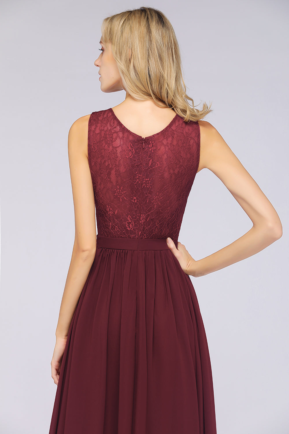 Affordable Burgundy V-Neck Ruffle Bridesmaid Dresses with Lace-Back-27dress