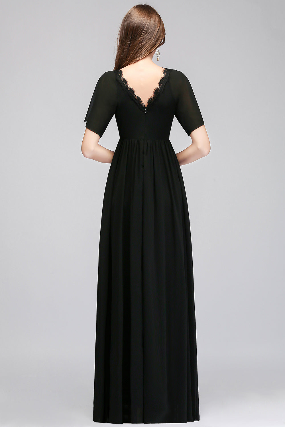 Affordable Chiffon Black V-Neck Bridesmaid Dresses with Short-Sleeves-27dress