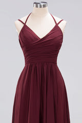 Affordable Chiffon Burgundy Bridesmaid Dress With Spaghetti Straps-27dress