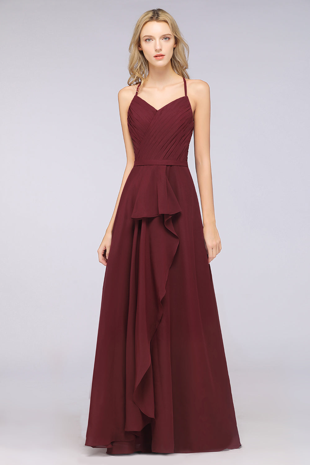 Load image into Gallery viewer, Affordable Chiffon Halter V-Neck Ruffle Burgundy Bridesmaid Dresses-27dress
