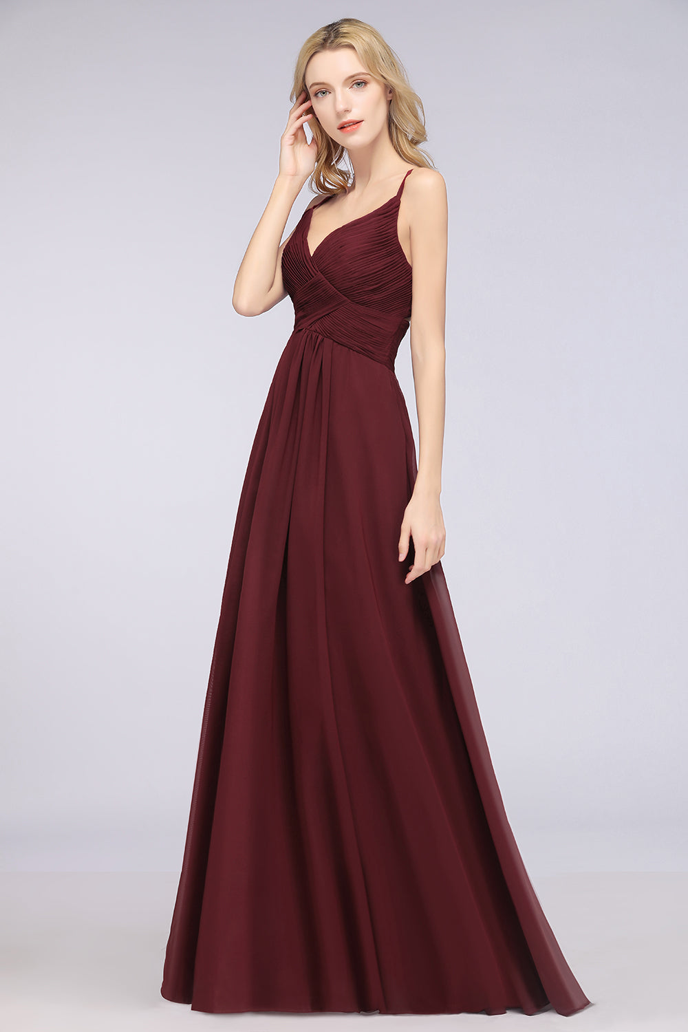 Load image into Gallery viewer, Affordable Chiffon Ruffle V-Neck Bridesmaid Dress with Spaghetti Straps-27dress
