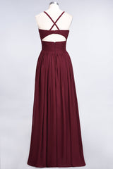 Affordable Chiffon Ruffle V-Neck Bridesmaid Dress with Spaghetti Straps-27dress