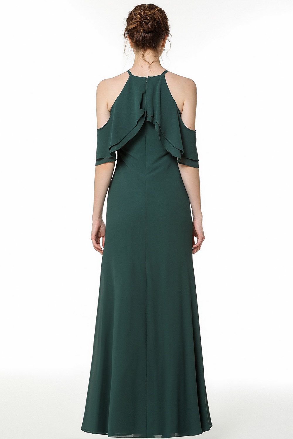 Load image into Gallery viewer, Affordable Cold-shoulder Ruffle Dark Green Bridesmaid Dresses Online-27dress

