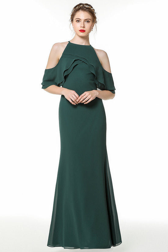 Load image into Gallery viewer, Affordable Cold-shoulder Ruffle Dark Green Bridesmaid Dresses Online-27dress
