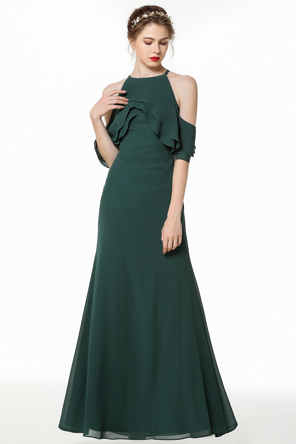 Affordable Cold-shoulder Ruffle Dark Green Bridesmaid Dresses Online-27dress