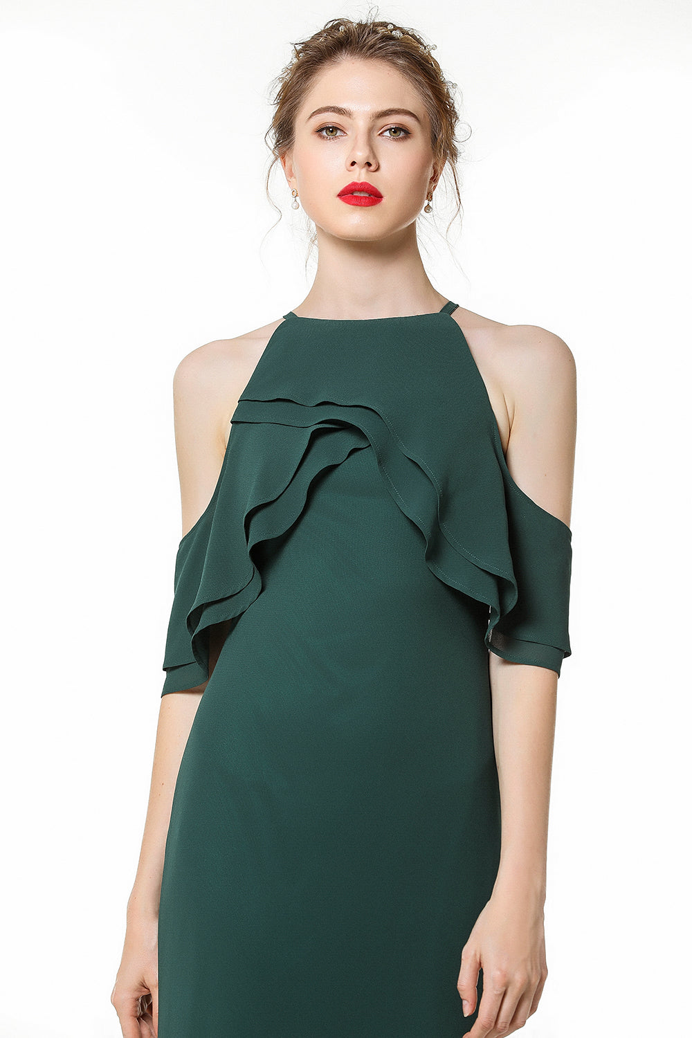 Affordable Cold-shoulder Ruffle Dark Green Bridesmaid Dresses Online-27dress