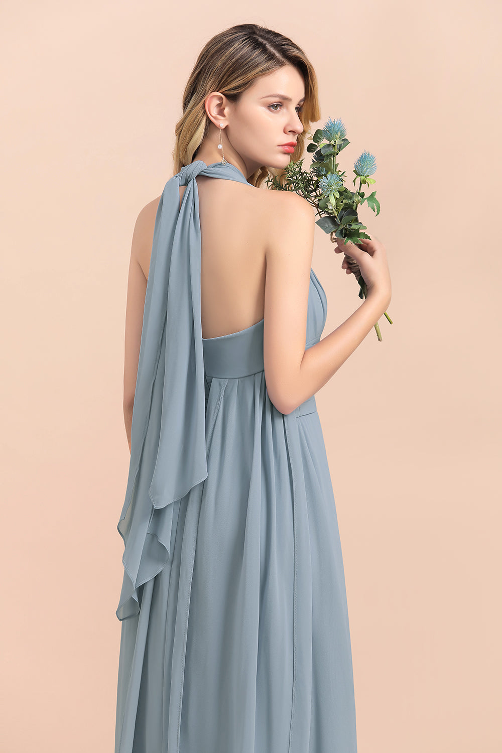 Dusty Blue A-line Halter Chiffon Sleeveless Long Bridesmaid Dress with 27dress Dusty Blue A-line Halter Chiffon Sleeveless Long Bridesmaid Dress with 27dress