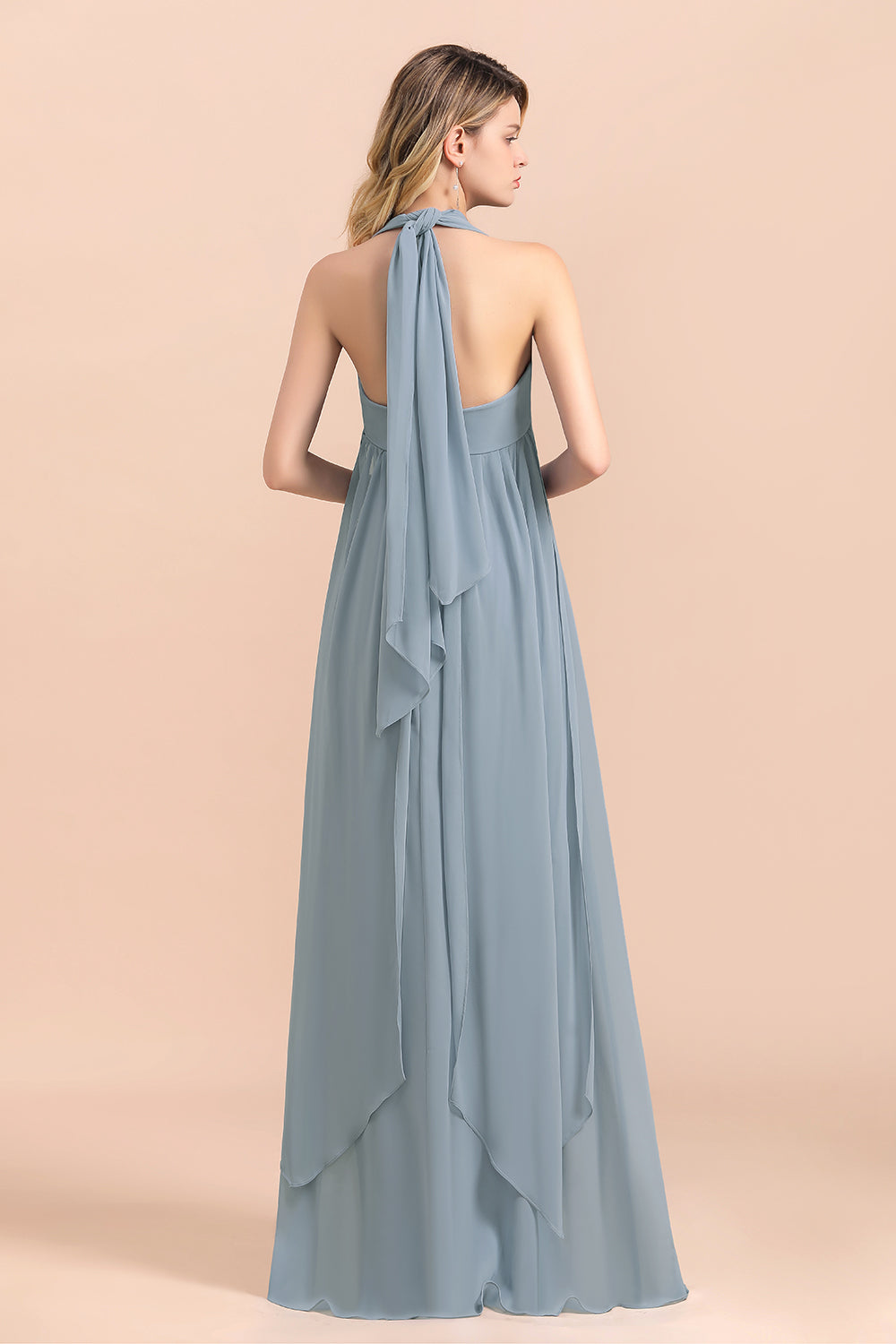 Dusty Blue A-line Halter Chiffon Sleeveless Long Bridesmaid Dress with 27dress Dusty Blue A-line Halter Chiffon Sleeveless Long Bridesmaid Dress with 27dress