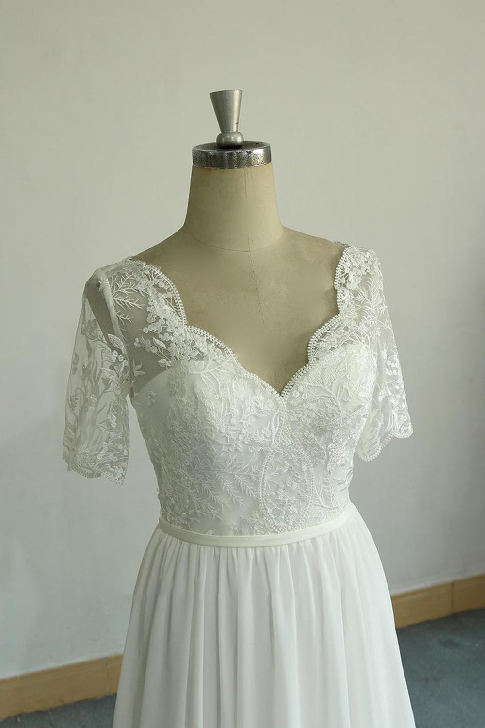 Affordable Halfsleeves V-neck Chiffon Wedding Dresses White A-line Ruffles Bridal Gowns Online-27dress