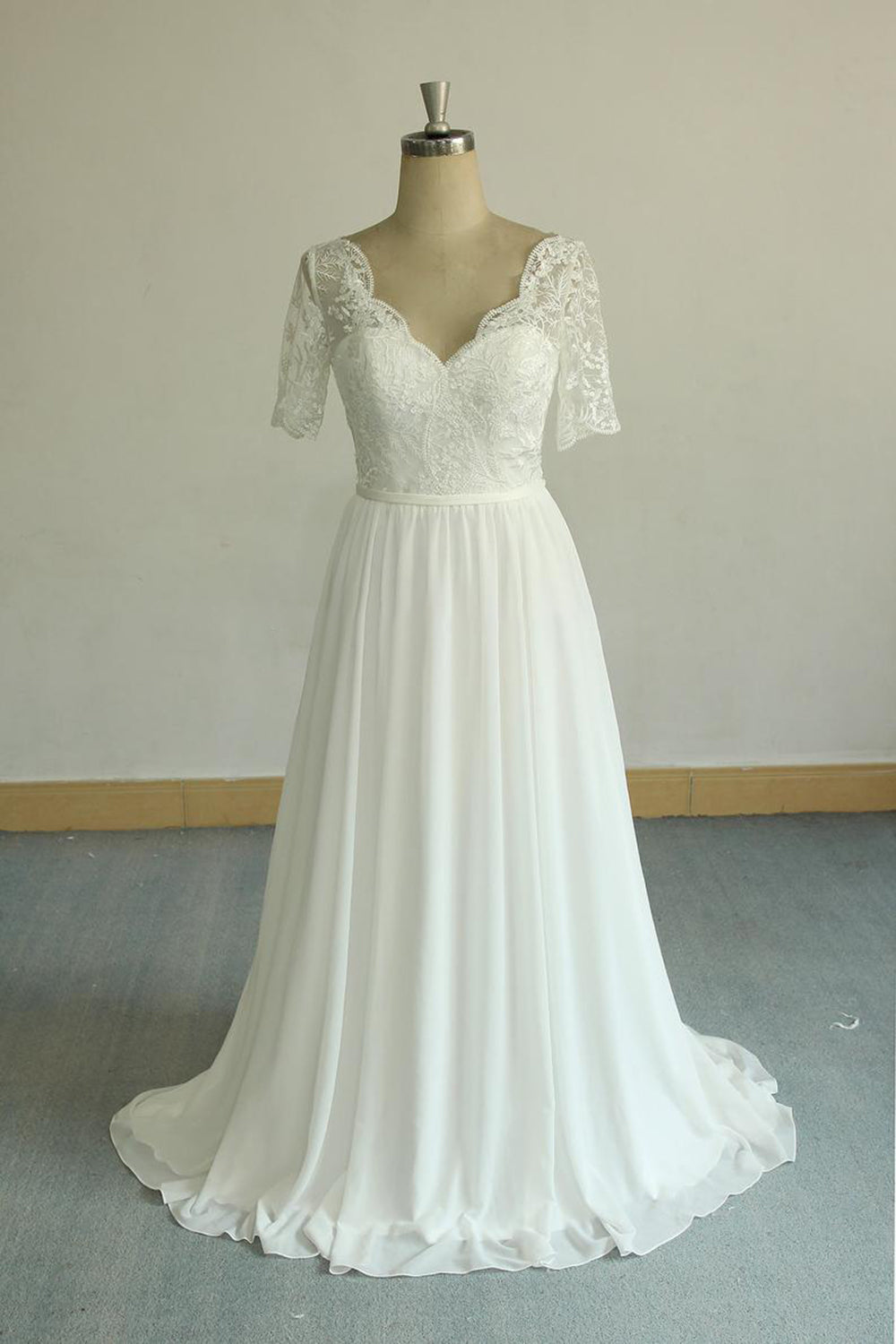Affordable Halfsleeves V-neck Chiffon Wedding Dresses White A-line Ruffles Bridal Gowns Online-27dress