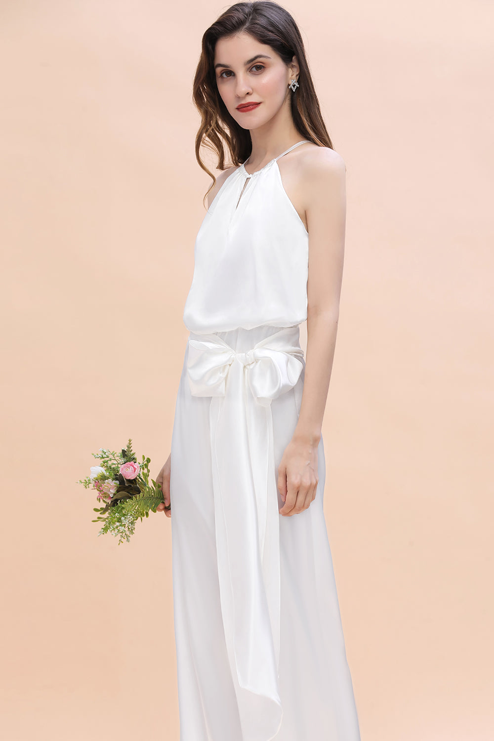 Affordable Halter Sleeveless Ivory Charmeuse Bridesmaid Jumpsuit Online-27dress
