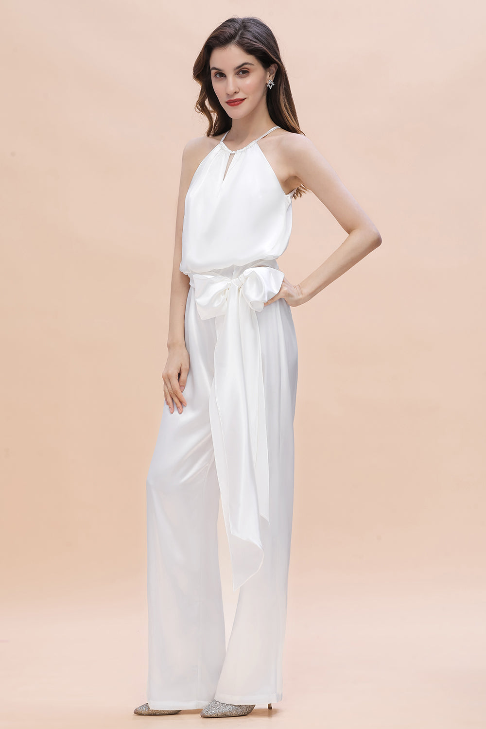 Affordable Halter Sleeveless Ivory Charmeuse Bridesmaid Jumpsuit Online-27dress