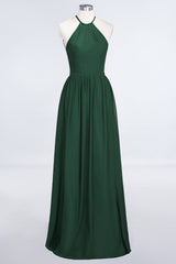 Affordable Halter Sleeveless Long Burgundy Bridesmaid Dress with Ruffle-27dress