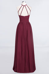 Affordable Halter Sleeveless Long Burgundy Bridesmaid Dress with Ruffle-27dress