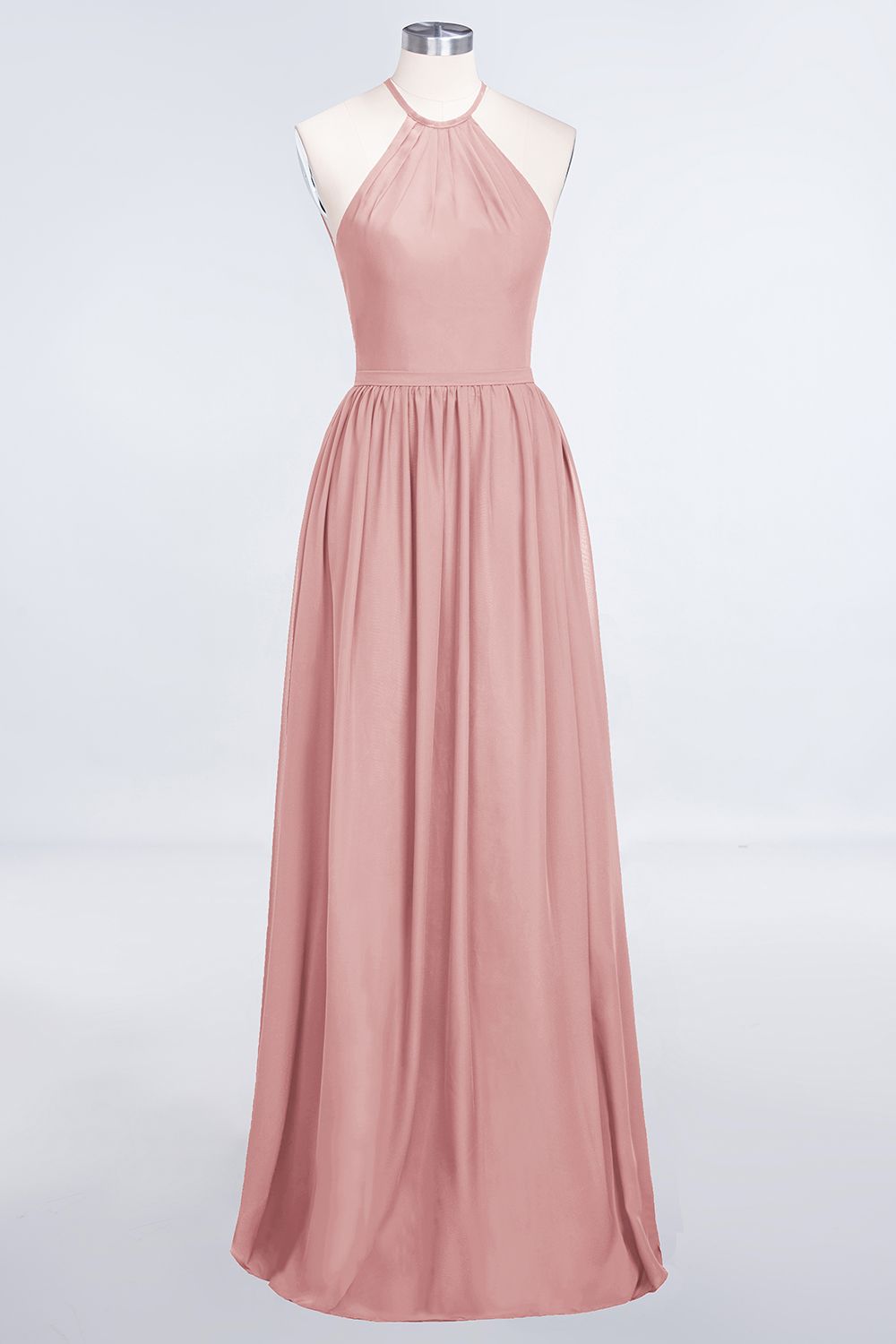 Affordable Halter Sleeveless Long Burgundy Bridesmaid Dress with Ruffle-27dress