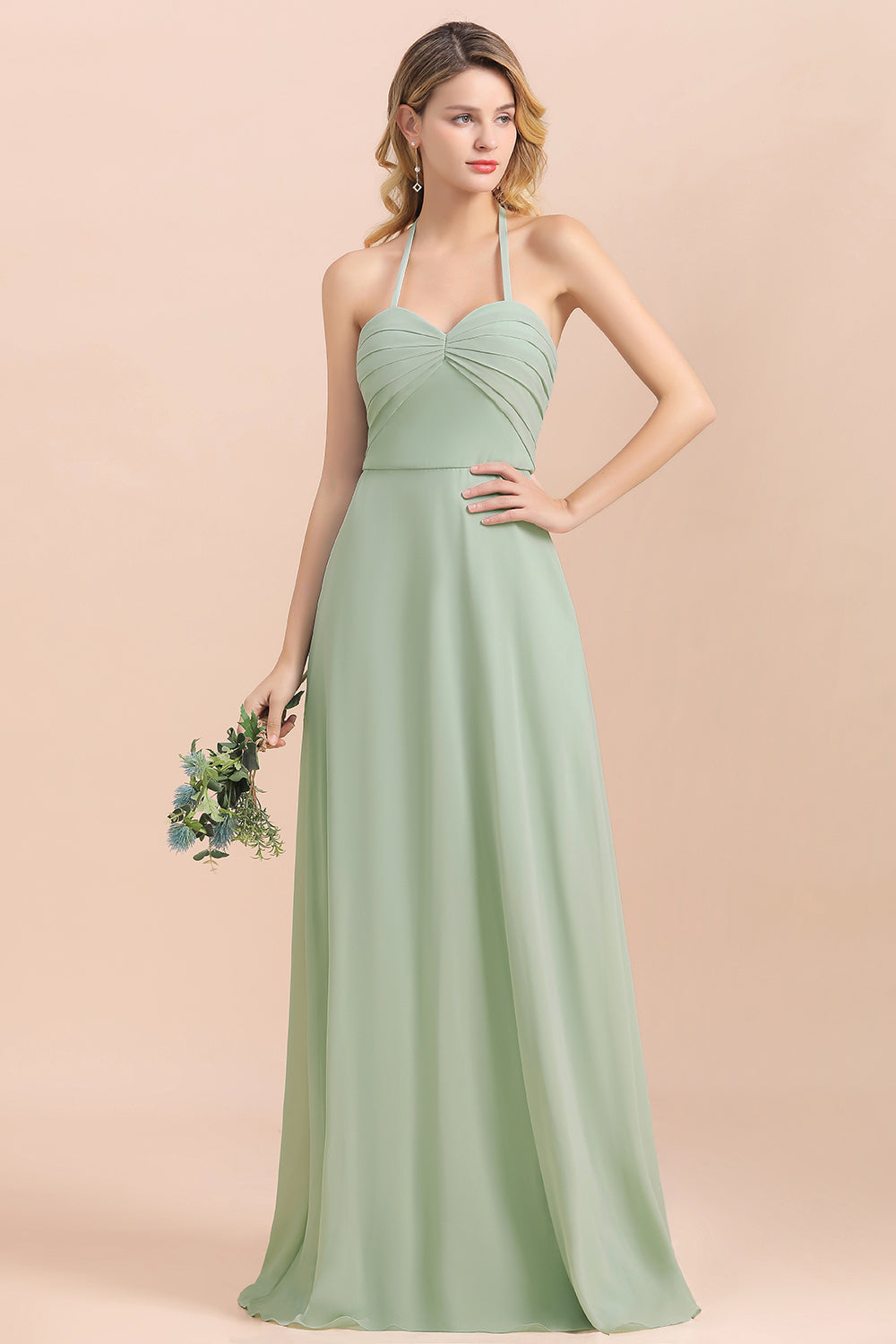 Affordable Halter Sweetheart Chiffon Dusty Sage Bridesmaid Dresses-27dress
