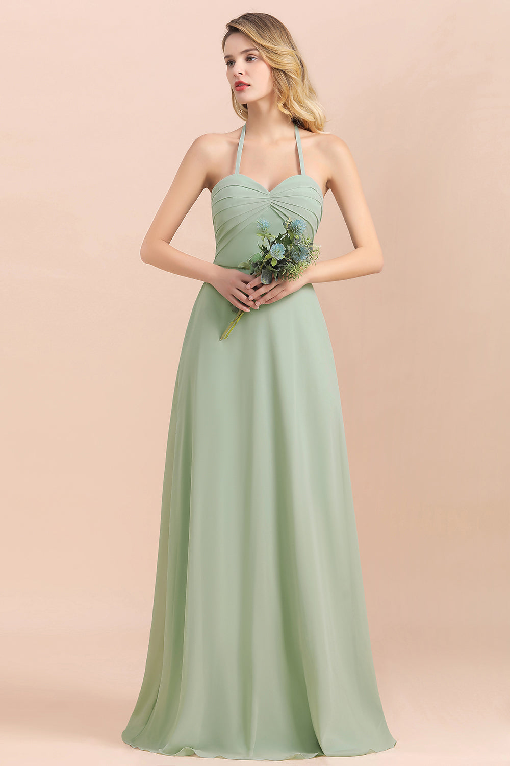 Affordable Halter Sweetheart Chiffon Dusty Sage Bridesmaid Dresses-27dress