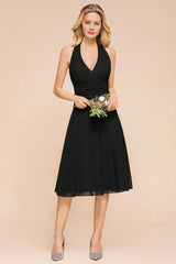 Affordable Halter V-Neck Black Short Bridesmaid Dresses Online-27dress