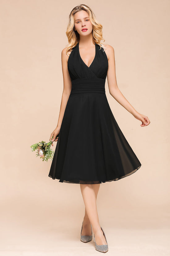 Load image into Gallery viewer, Affordable Halter V-Neck Black Short Bridesmaid Dresses Online-27dress
