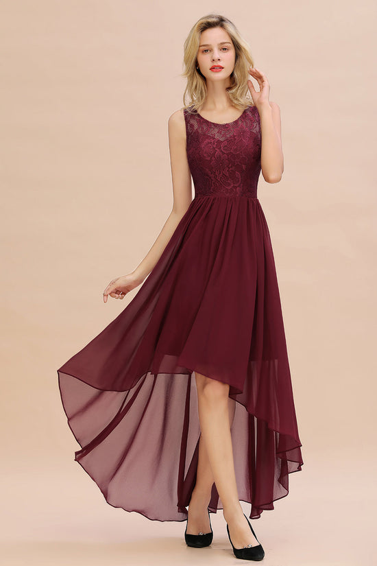Affordable Hi-Lo Lace Sleeveless Burgundy Chiffon Bridesmaid Dress Online-27dress