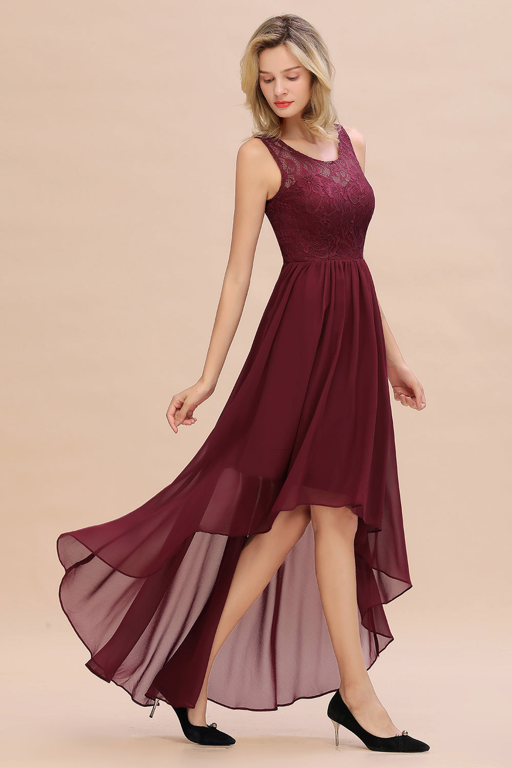 Affordable Hi-Lo Lace Sleeveless Burgundy Chiffon Bridesmaid Dress Online-27dress