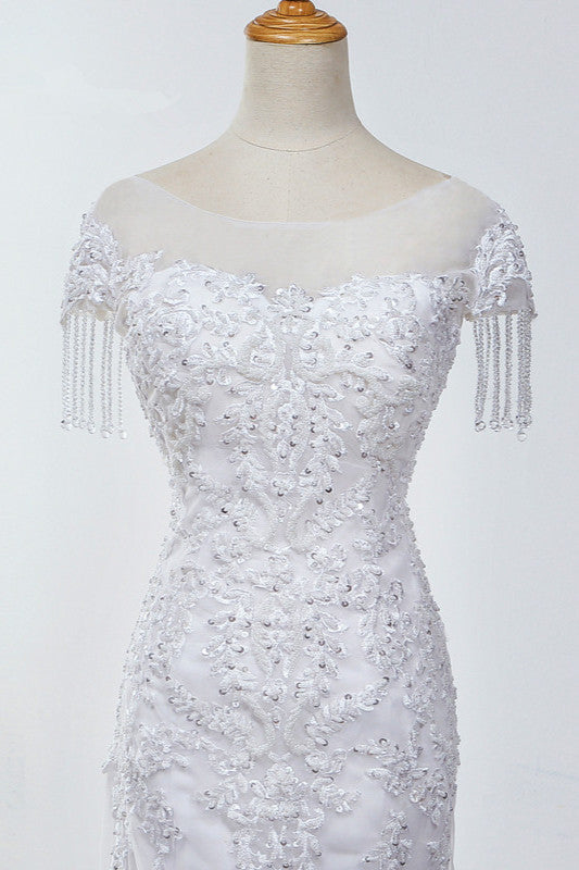 Affordable Jewel Mermaid Tulle Lace Wedding Dress Sleeveless Appliques Beading Bridal Gowns with Tassels Online-27dress
