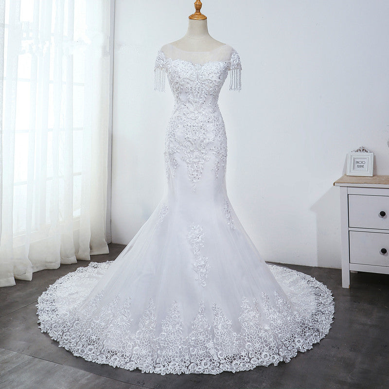 Affordable Jewel Mermaid Tulle Lace Wedding Dress Sleeveless Appliques Beading Bridal Gowns with Tassels Online-27dress