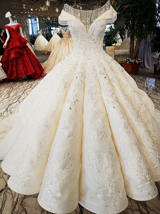 Load image into Gallery viewer, Affordable Jewel Off-the-shoulder A-line Wedding Dresses With Appliques Ivory Ruffles Lace Bridal Gowns On Sale-27dress
