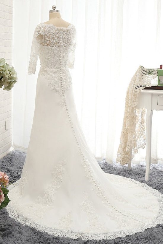 Load image into Gallery viewer, Affordable Jewel White Tulle Lace Wedding Dress Half Sleeves Appliques Bridal Gowns Online-27dress
