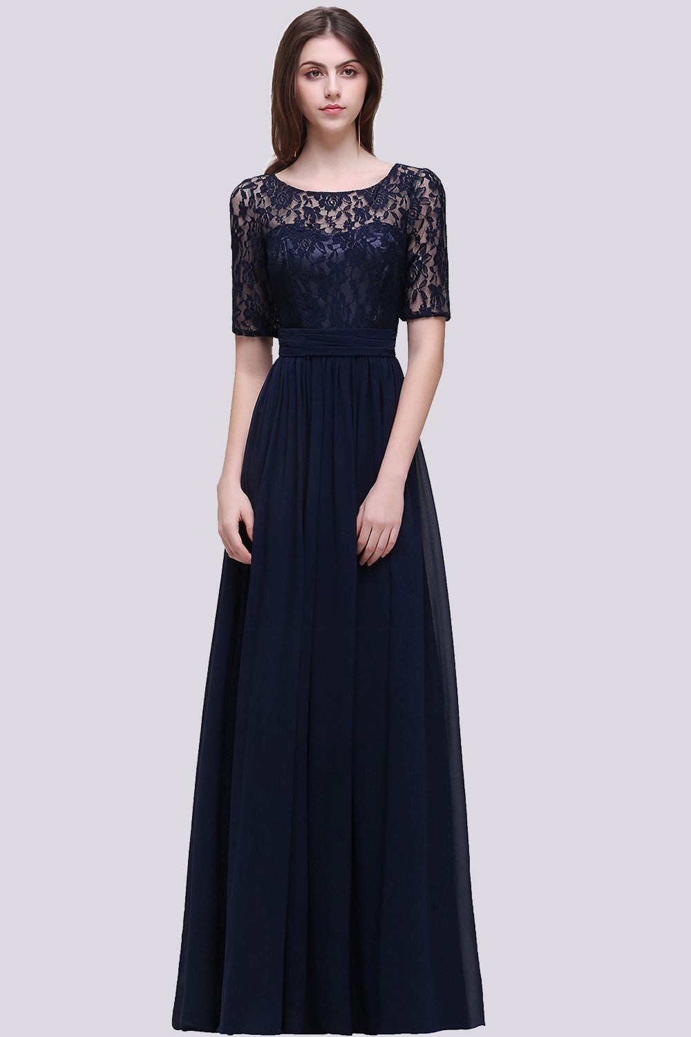 Affordable Lace Scoop Dark Navy Bridesmaid Dresses with Half-Sleeves-27dress