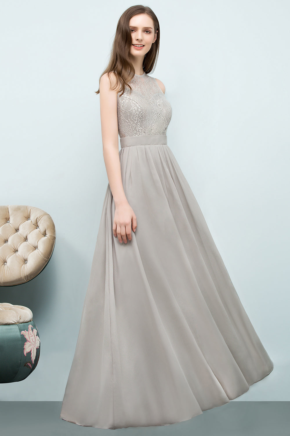 Load image into Gallery viewer, Affordable Lace Sleeveless Silver Bridesmaid Dress with Ruffles-27dress
