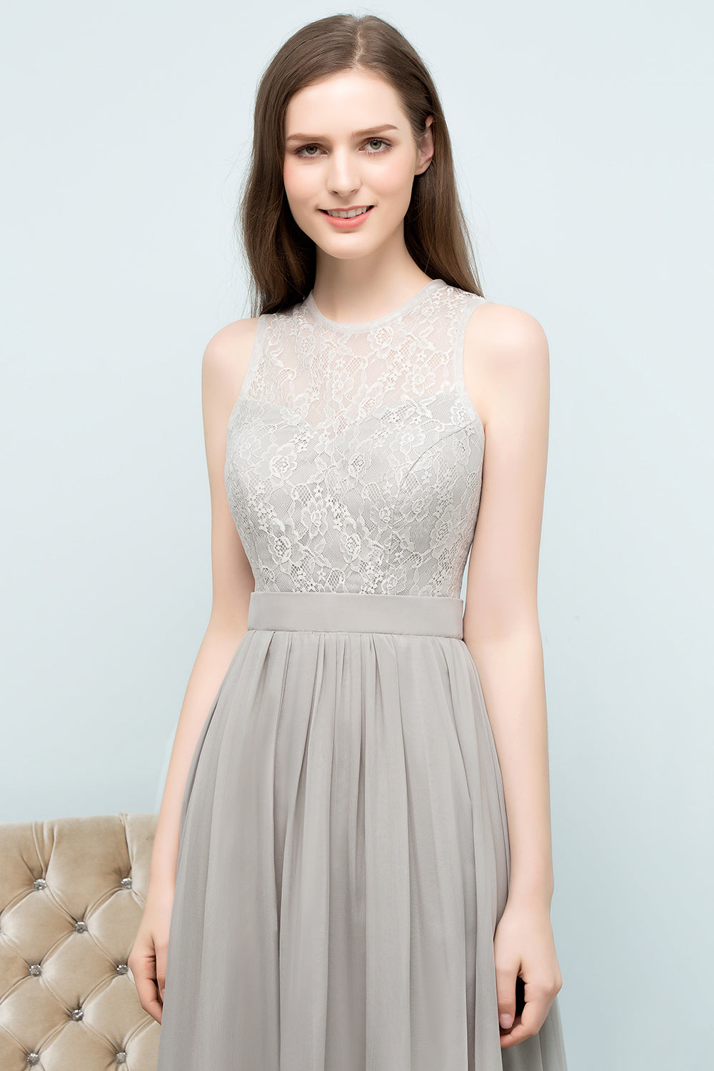 Load image into Gallery viewer, Affordable Lace Sleeveless Silver Bridesmaid Dress with Ruffles-27dress
