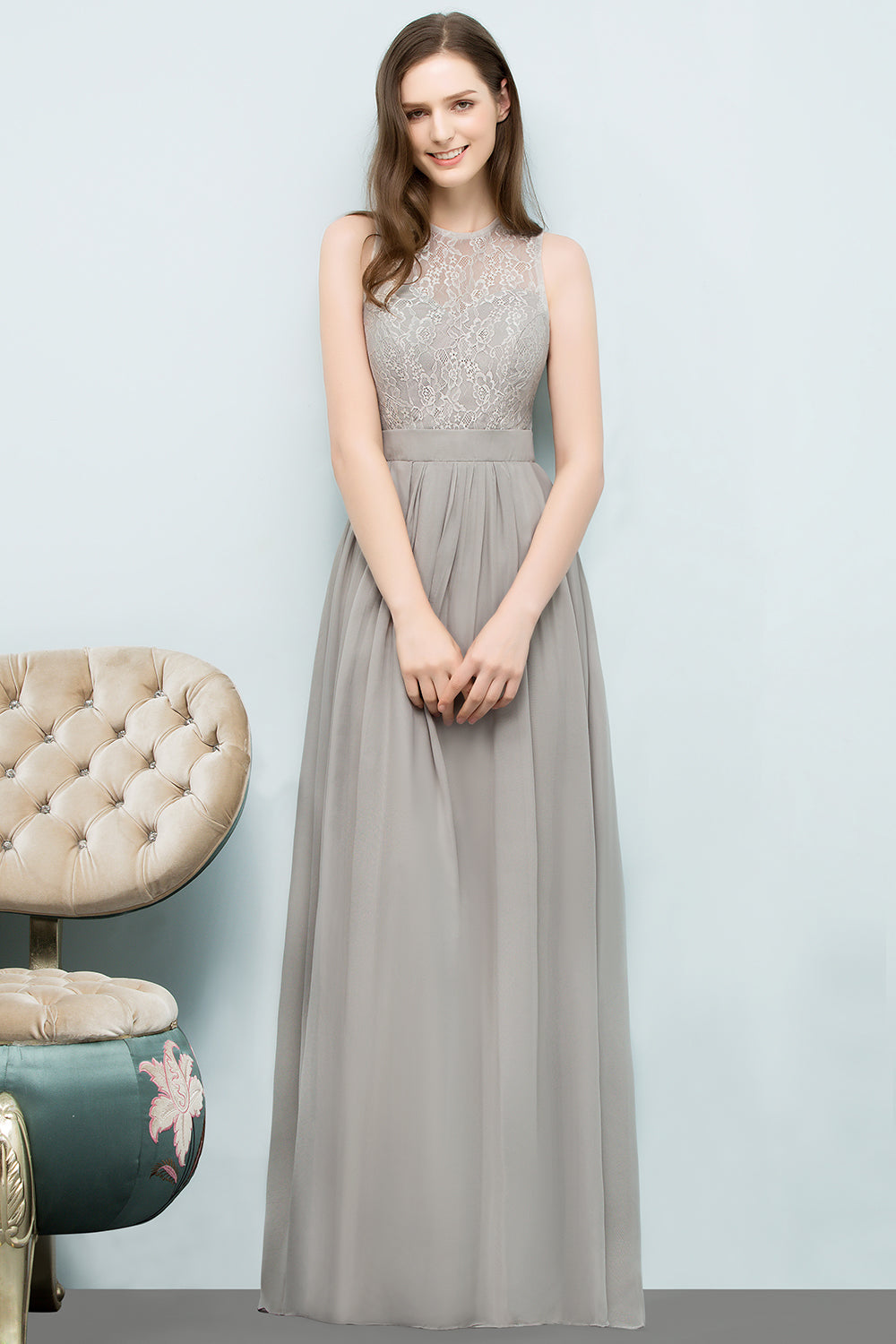 Affordable Lace Sleeveless Silver Bridesmaid Dress with Ruffles-27dress