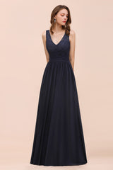 Affordable Lace V-Neck Navy Bridesmaid Dress with Open Back-27dress