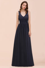 Affordable Lace V-Neck Navy Bridesmaid Dress with Open Back-27dress