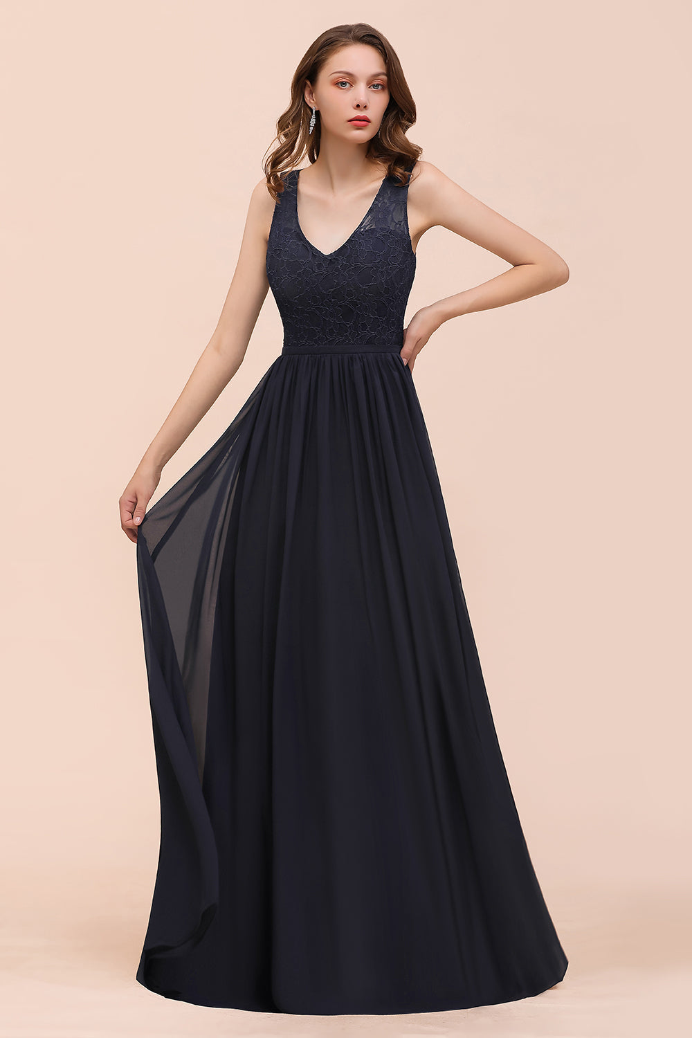A-Line V-Neck Chiffon Open Back Bridesmaid Dress with Appliques Lac