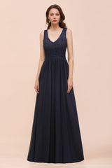 Affordable Lace V-Neck Navy Bridesmaid Dress with Open Back-27dress