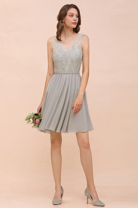 Affordable Lace V-Neck Silver Chiffon Short Bridesmaid Dress Online-27dress