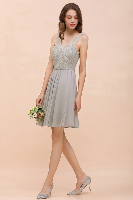 Affordable Lace V-Neck Silver Chiffon Short Bridesmaid Dress Online-27dress