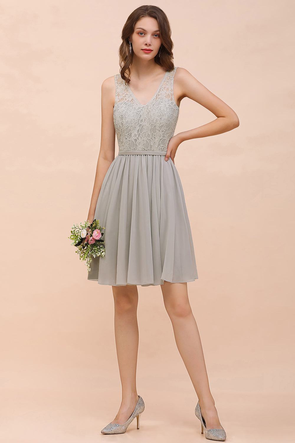Affordable Lace V-Neck Silver Chiffon Short Bridesmaid Dress Online-27dress