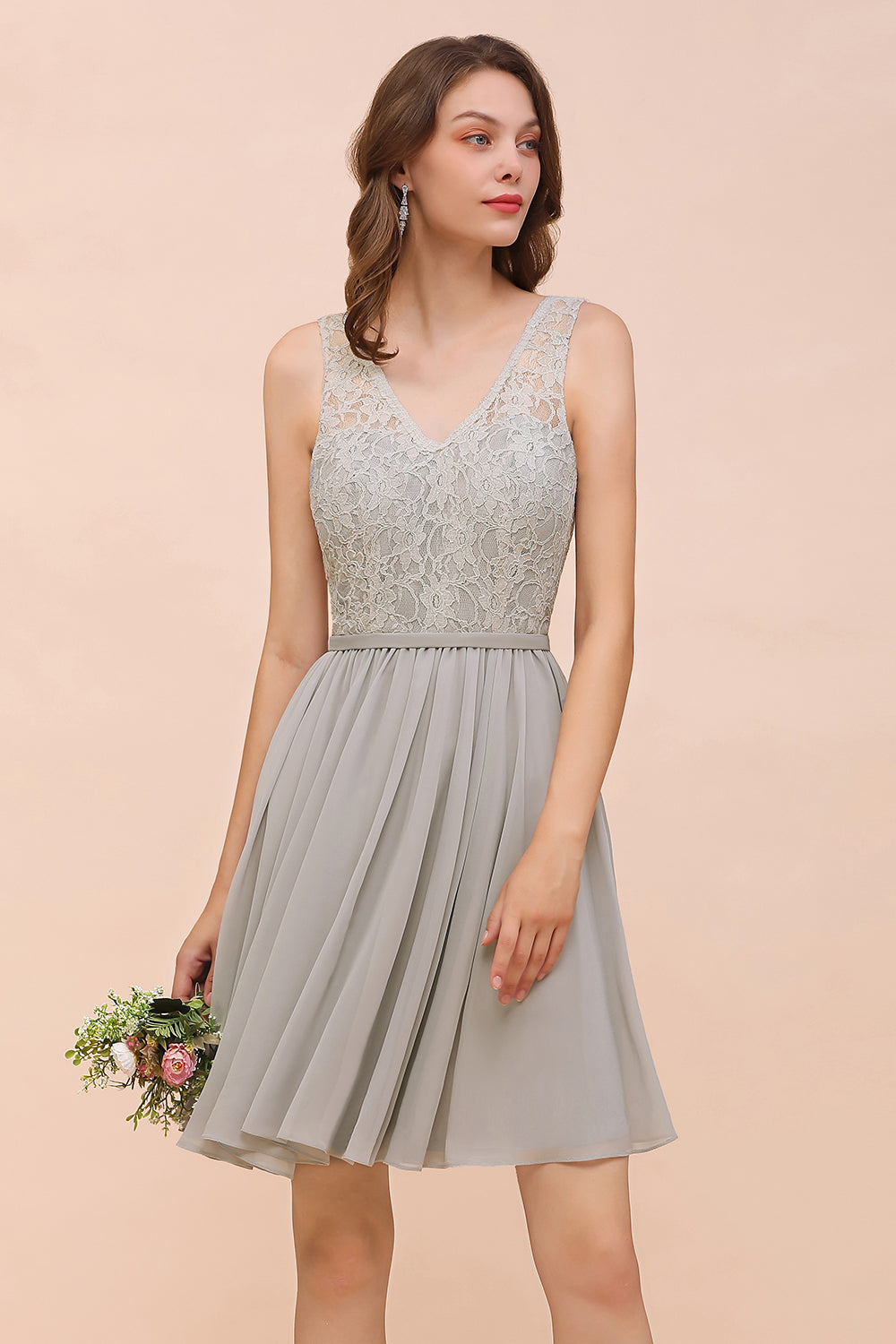 Affordable Lace V-Neck Silver Chiffon Short Bridesmaid Dress Online-27dress