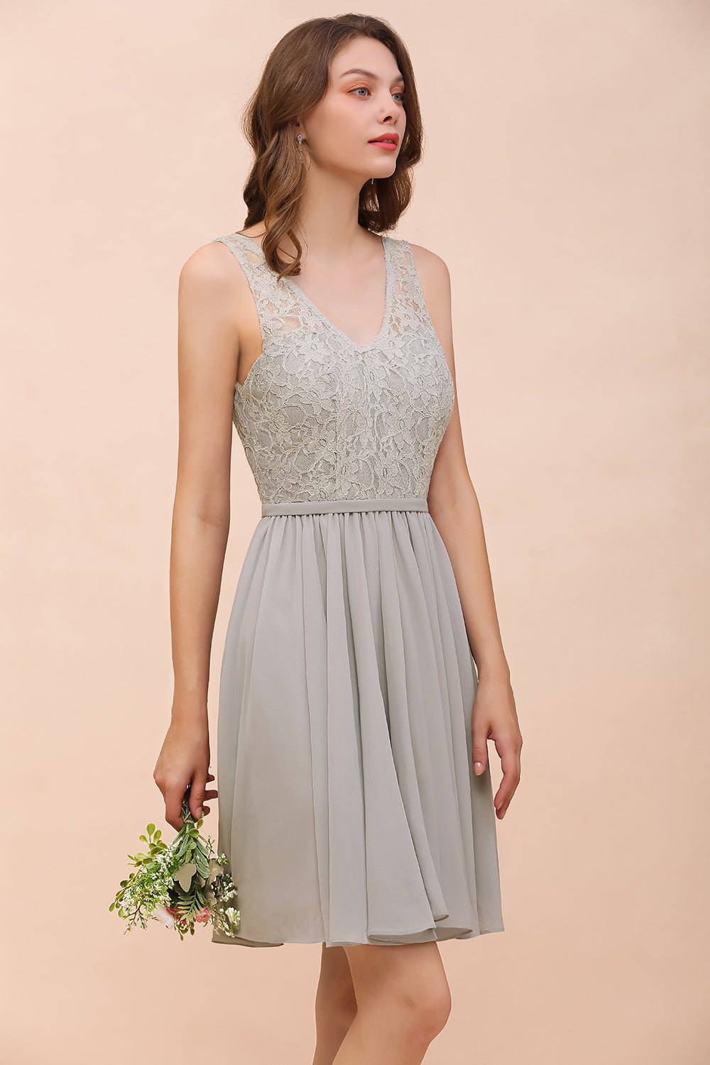 Affordable Lace V-Neck Silver Chiffon Short Bridesmaid Dress Online-27dress